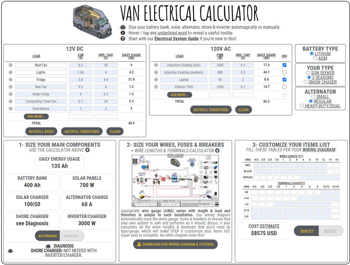 Van Electrical Calculator Solar Alternator Inverter Charger