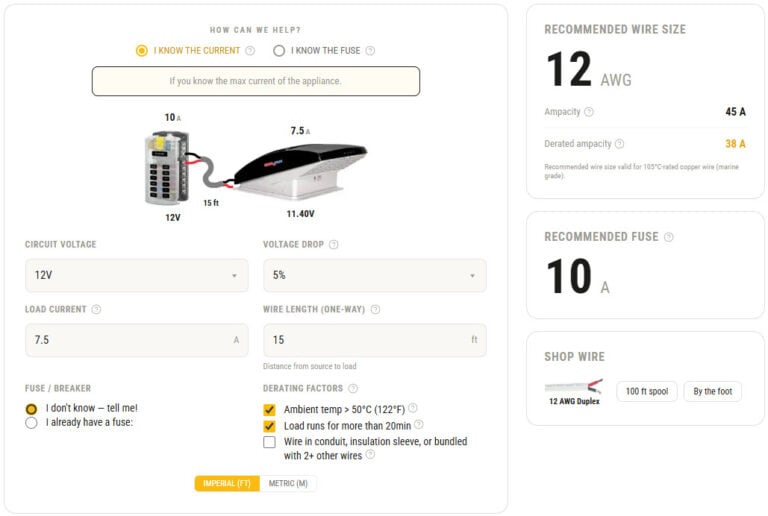 Wire gauge calculator showing 12 AWG result for a 7.5A MaxxFan at 15 ft on a 12V system