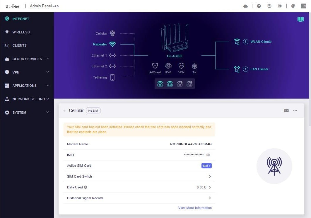 GL.iNet X3000 admin panel Internet page with Repeater connected to Starlink, plus Cellular, Ethernet and Tethering cards