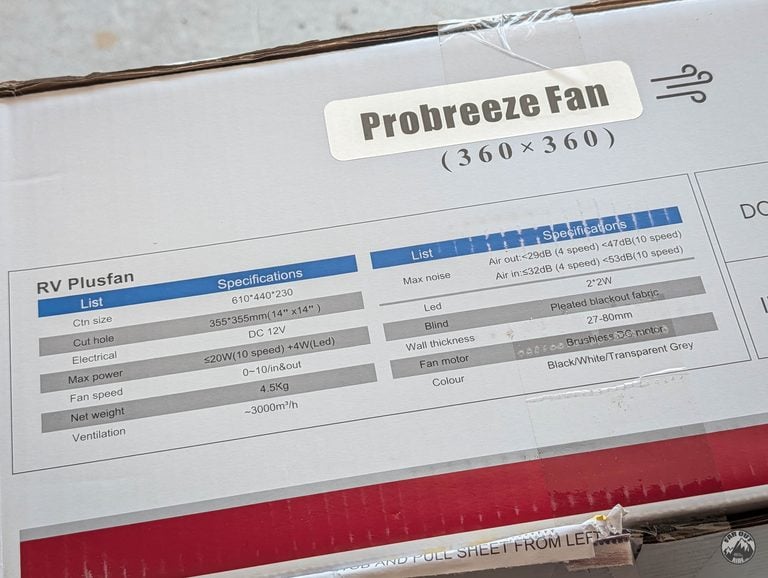 Specification label on the ProBreeze (RV Plusfan) box: 355 x 355 mm cutout, 12 V, max 20 W, 10 speeds, 3,000 m³/h, 29 to 53 dB, 27 to 80 mm wall thickness