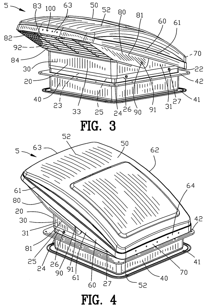 Figures 3 and 4 from Maxxair's US7004832B2 patent: line drawings of the Maxxfan's hooded lid and roof vent assembly