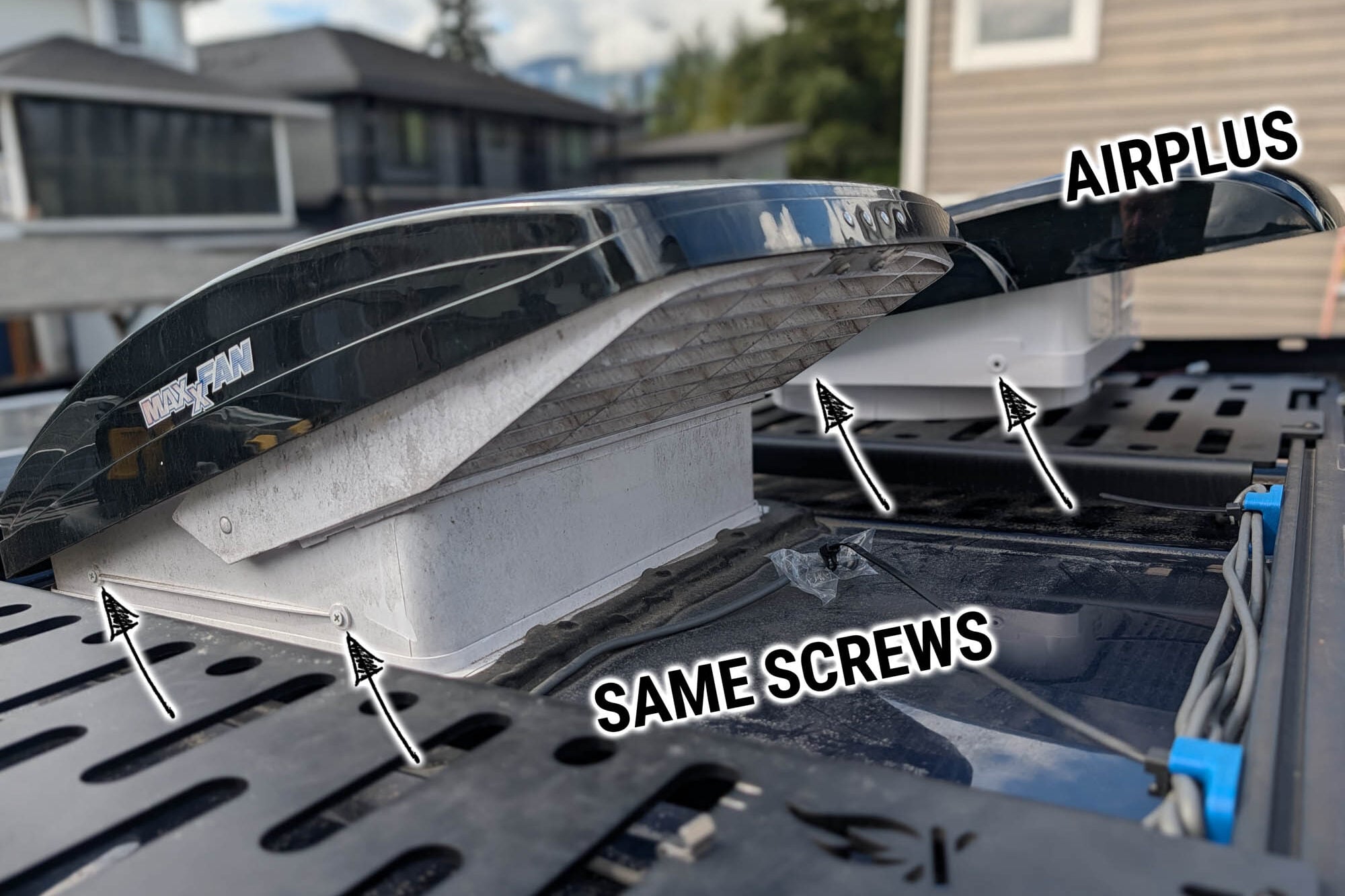 Maxxfan and AirPlus installed side by side on the roof, arrows marking the identical flange screw locations