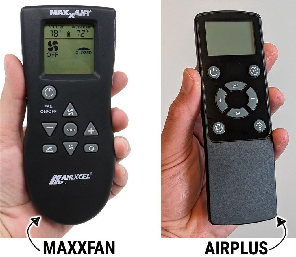 Maxxfan infrared remote with LCD screen next to the AirPlus radio-frequency remote, both held in hand