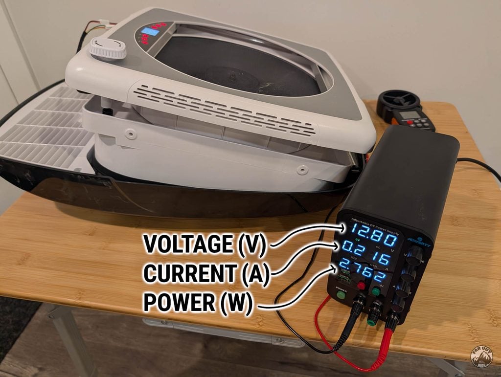 AirPlus fan wired to a Jesverty bench power supply, display annotated with voltage 12.80 V, current 0.216 A and power 2.762 W
