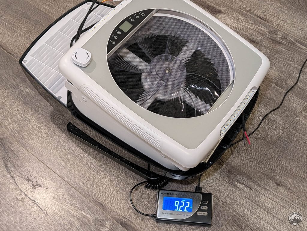 AirPlus roof fan on a digital scale reading 9.22 lb