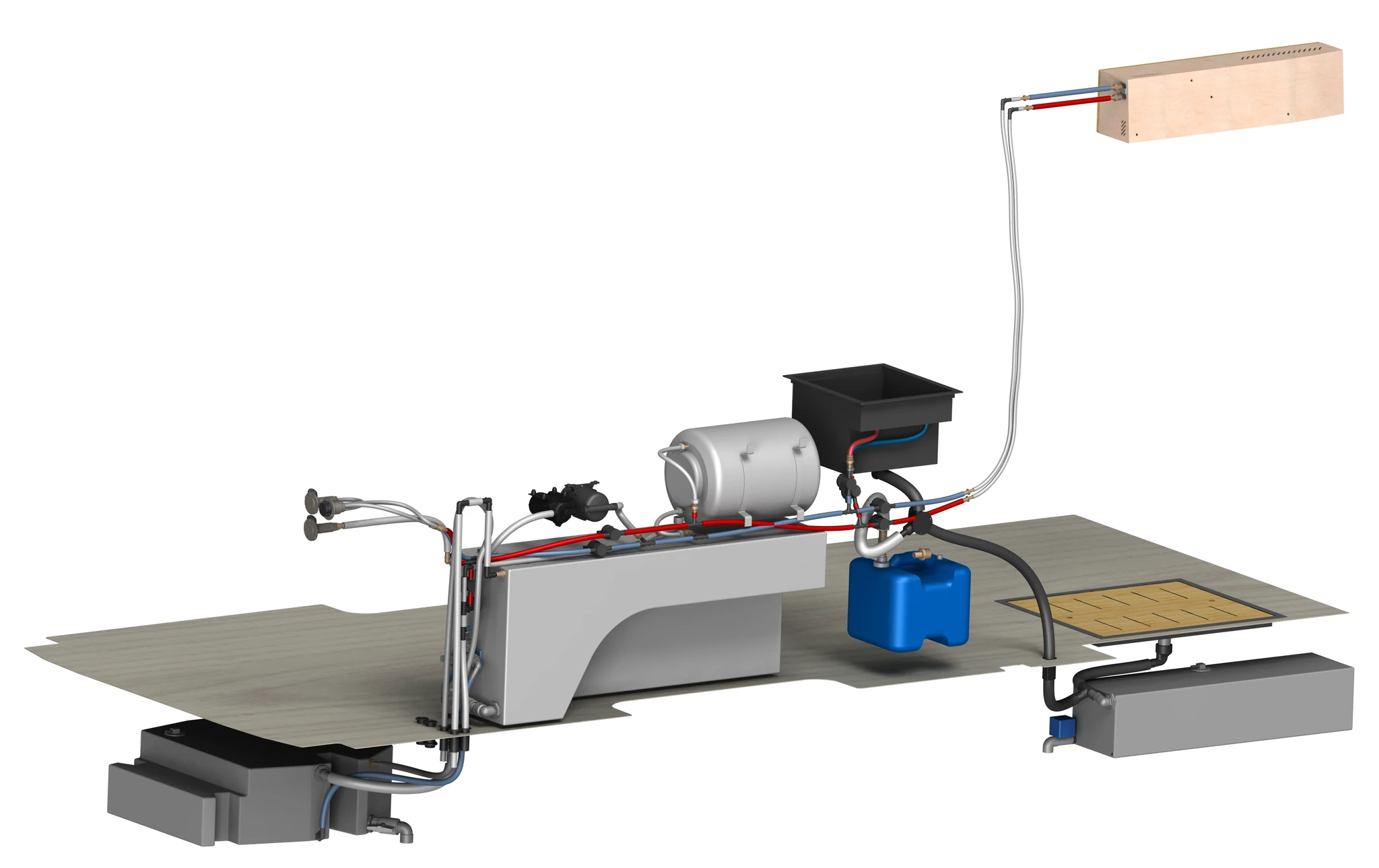 3D diagram of the FarOutVan2 water system: tanks, pump, water heater, sink, shower and gray tanks